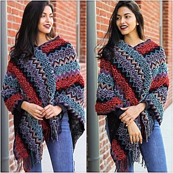 Cozy Bohemian Knit Sweater Poncho O/S - Picture 6 of 6